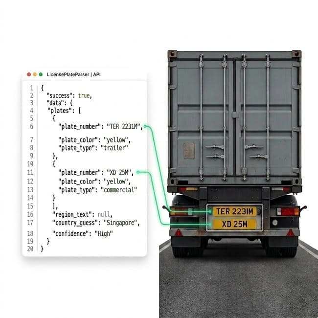Flowchart showing the ALPR process: capturing a Thai license plate, extracting native script and color, and returning structured JSON data