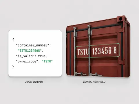 Container OCR JSON output beside a valid ISO 6346 code detected on a shipping container door