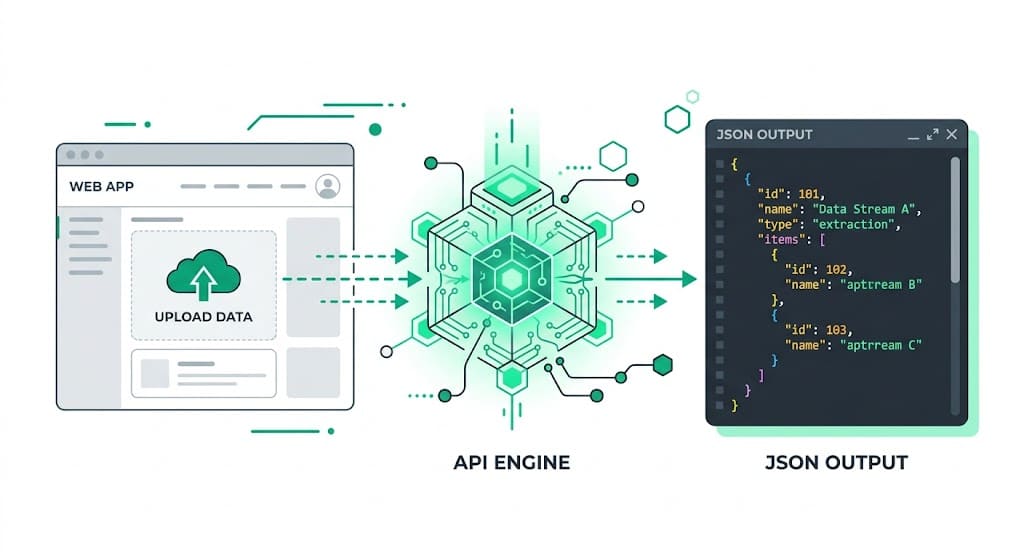 Diagram showing a car dashboard photo uploaded in a Bolt.new app, sent to the StructOCR API, and returned as structured JSON containing the 17-character VIN.