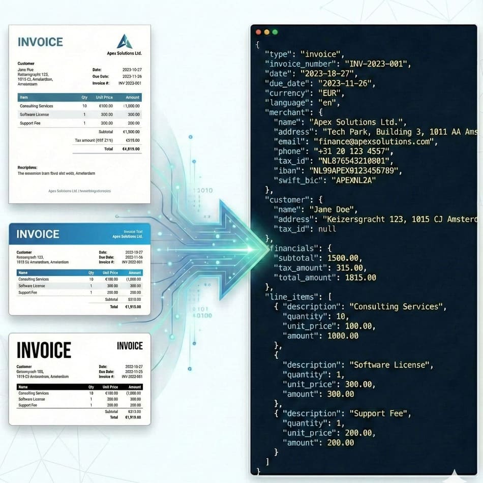 Collection of supported invoice and receipt formats with extracted data
