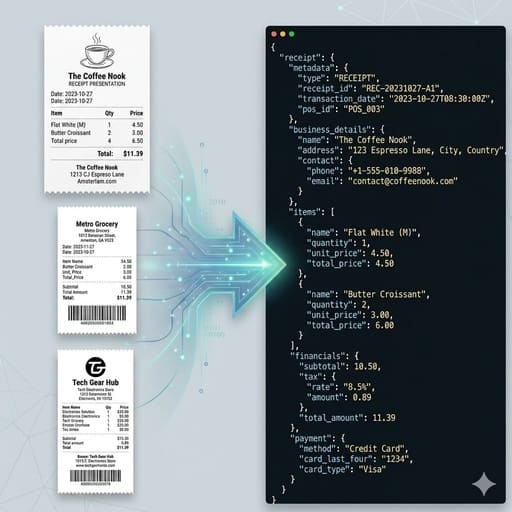 Examples of supported receipts including thermal retail slips, restaurant bills with tips, and digital e-receipts