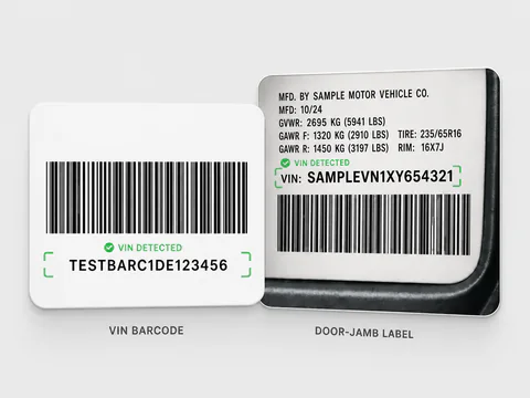 Examples of a standalone VIN barcode and a vehicle door-jamb VIN barcode label detected by the scanner