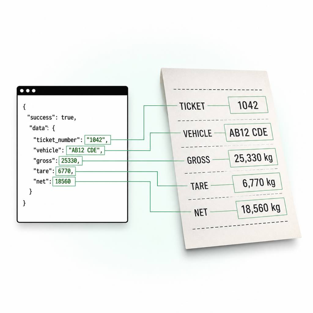 Weighbridge ticket OCR workflow connecting printed ticket, vehicle, gross, tare, and net fields to structured JSON